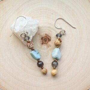 Rustic Larimar and Picture Jasper Silver Hook Dangle Earrings